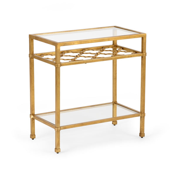 Chelsea House Pacific Coast Table Antique Gold Leaf Two-Tier Accent Table With Quatrefoil Motif & Glass Shelves 382297
