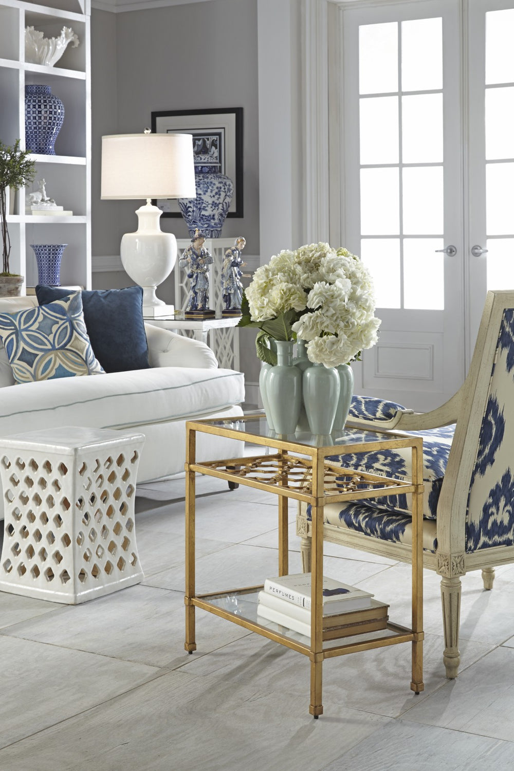 Chelsea House Pacific Coast Table Antique Gold Leaf Two-Tier Accent Table With Quatrefoil Motif & Glass Shelves 382297