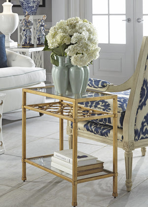 Chelsea House Pacific Coast Table Antique Gold Leaf Two-Tier Accent Table With Quatrefoil Motif & Glass Shelves 382297
