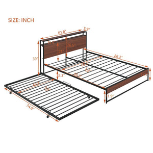 English Elm Queen Steel Platform Bed with Trundle Headboard Shelves and Built-in Usb Charging N708P477431B