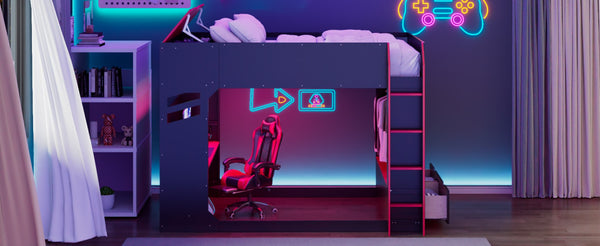 English Elm Full Size Loft Bed with Rgb Lighting Desk Drawers Hanging Rod Teen Bedroom Red LT000288AAJ-1