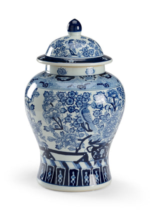 Chelsea House Floral Porcelain Covered Urn 19" H – Hand-Painted Blue & White Floral Bird Motif, Elegant Asian-Inspired Accent 382367