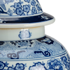 Chelsea House Floral Porcelain Covered Urn 19" H – Hand-Painted Blue & White Floral Bird Motif, Elegant Asian-Inspired Accent 382367