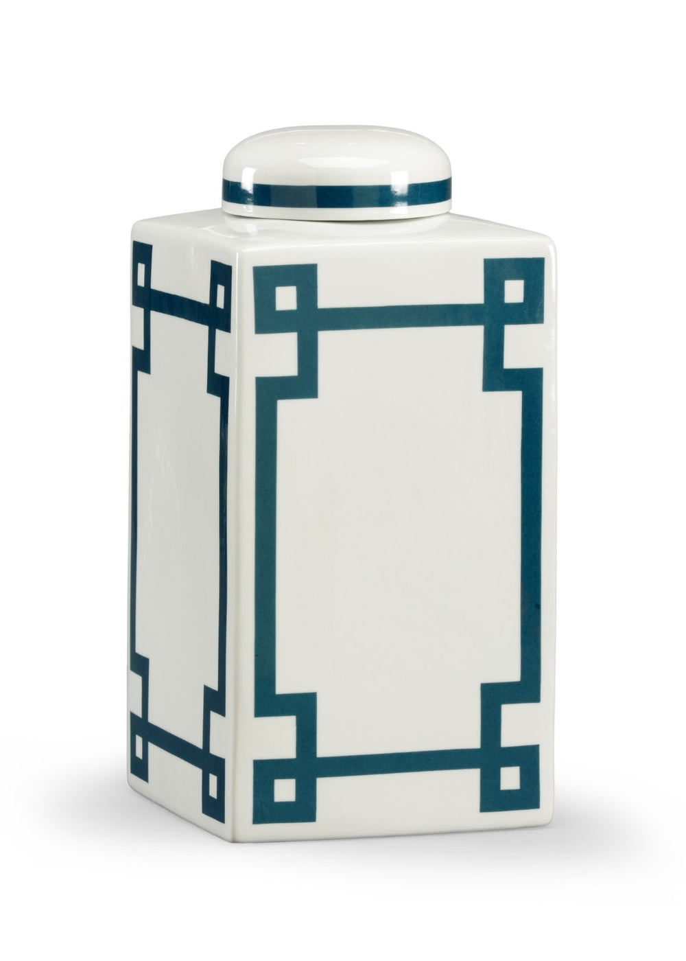 Chelsea House Parquetry Square Lidded Vase By Lisa Kahn — Hand-Decorated Turquoise & White Porcelain Accent Jar 382378