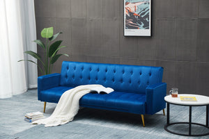 English Elm Sofa Bed Velvet Upholstered Convertible with Gold Metal Legs for Studio Spaces Dark Blue B205P246427