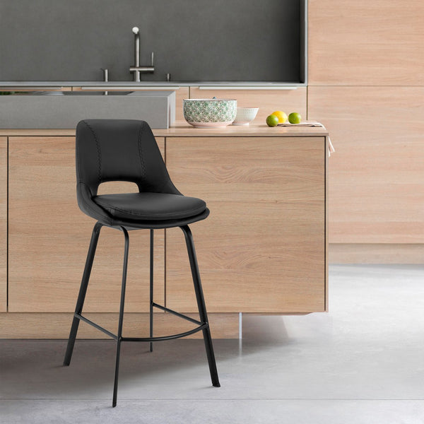 English Elm Amorel 30" Black Faux Leather Swivel Bar Stool with 4-Leg Metal Base — Durable, Stylish Seating B2736P268590