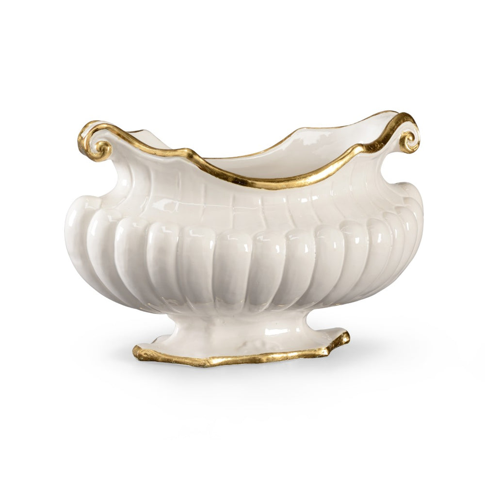 Chelsea House Oval Italian Hand-Glazed Ceramic Pot With Gold Trim, Fluted Sides & Scrolled Handles — Luxe Centerpiece 382410