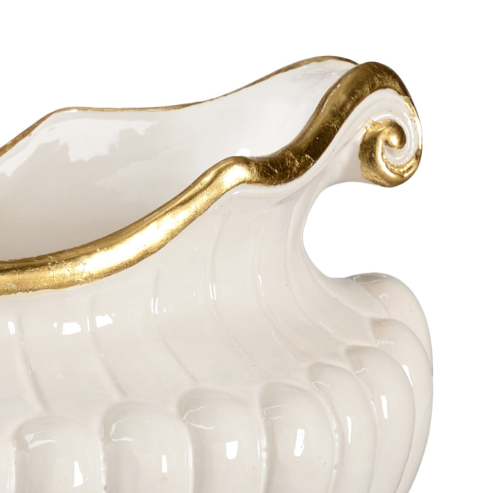Chelsea House Oval Italian Hand-Glazed Ceramic Pot With Gold Trim, Fluted Sides & Scrolled Handles — Luxe Centerpiece 382410