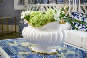 Chelsea House Oval Italian Hand-Glazed Ceramic Pot With Gold Trim, Fluted Sides & Scrolled Handles — Luxe Centerpiece 382410