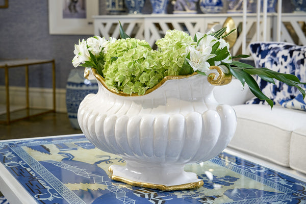 Chelsea House Oval Italian Hand-Glazed Ceramic Pot With Gold Trim, Fluted Sides & Scrolled Handles — Luxe Centerpiece 382410