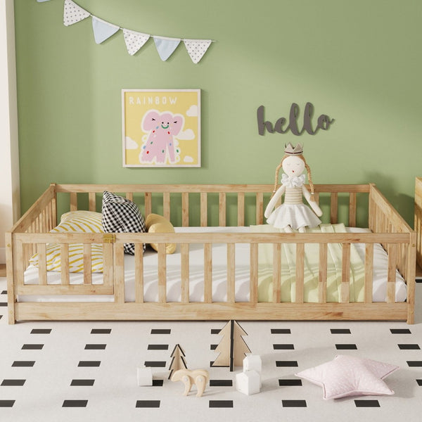 English Elm Full Size Rubberwood Floor Bed with Safety Guardrails and Latching Door for Toddlers Natural W504P429299
