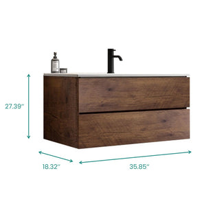 English Elm Wall Mount 36" Walnut Floating Vanity With Ceramic Sink – Modern, Large Storage & Eco-Friendly Design! W1865S00107-GIGA