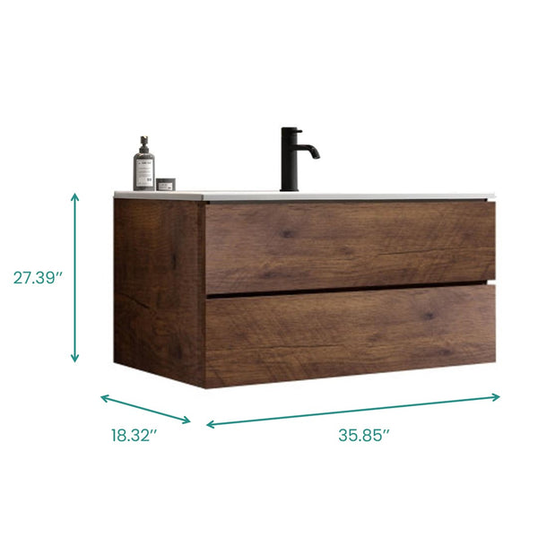 English Elm Wall Mount 36" Walnut Floating Vanity With Ceramic Sink – Modern, Large Storage & Eco-Friendly Design! W1865S00107-GIGA