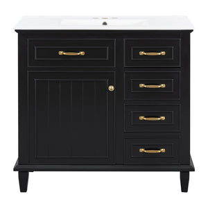English Elm 36 Inch Bathroom Vanity With Ceramic Sink Top, Solid Wood Frame & Smart Storage Solutions For Style N725P336554B
