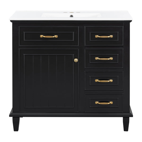 English Elm 36 Inch Bathroom Vanity With Ceramic Sink Top, Solid Wood Frame & Smart Storage Solutions For Style N725P336554B