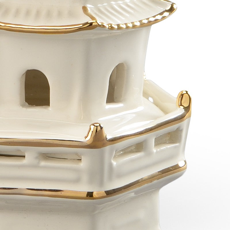 Chelsea House Small Pagoda Cream Glazed Porcelain Accent With Hand-Painted Gold Trim — Sculptural 11" Decor Piece 382509