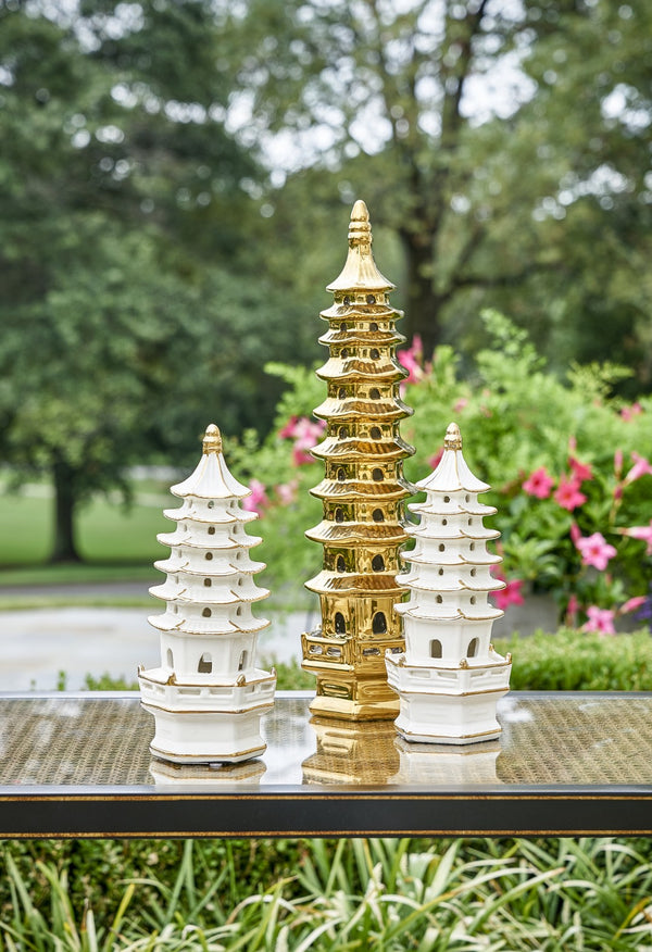 Chelsea House Small Pagoda Cream Glazed Porcelain Accent With Hand-Painted Gold Trim — Sculptural 11" Decor Piece 382509