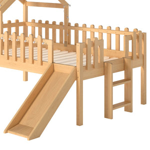 English Elm Twin Playhouse Loft Bed Solid Pine Frame with Slide Led Lights and Star Roof Natural W5316S00002