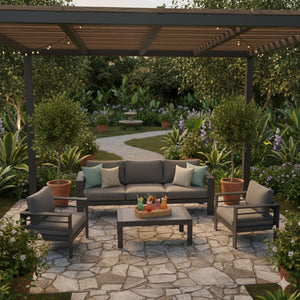English Elm 4-piece Aluminum Outdoor Conversation Set with Rust-proof Matte Frame and Wpc Coffee Table Dark Grey B082S00090