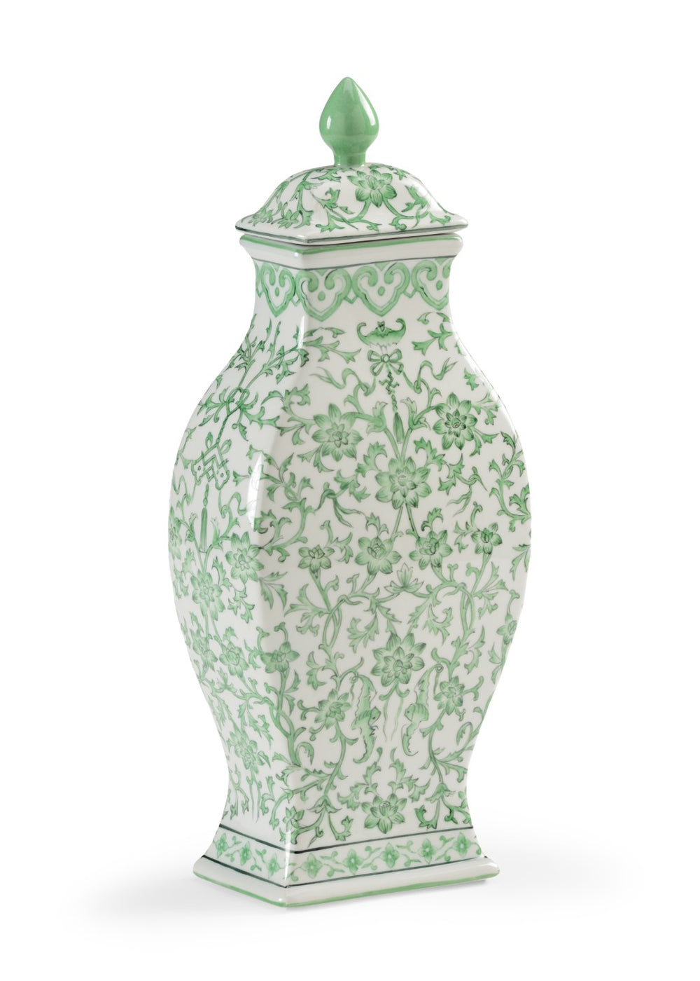 Chelsea House Green Hand-Painted Porcelain Urn With Removable Lid, 15" Elegant White & Green Asian Floral Accent 382580