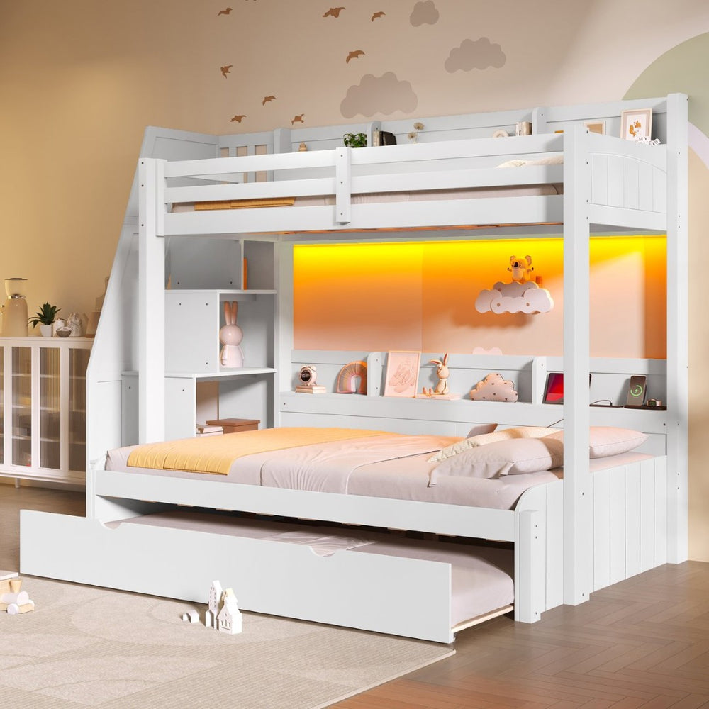 English Elm Twin Over Full Bunk Bed with Stair Drawers Shelves Led Lighting and Usb Port White N7090005013K