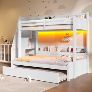 English Elm Twin Over Full Bunk Bed with Stair Drawers Shelves Led Lighting and Usb Port White N7090005013K