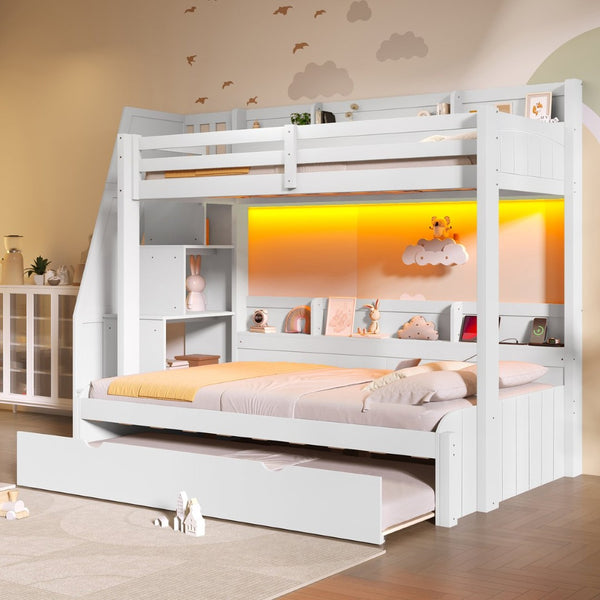 English Elm Twin Over Full Bunk Bed with Stair Drawers Shelves Led Lighting and Usb Port White N7090005013K