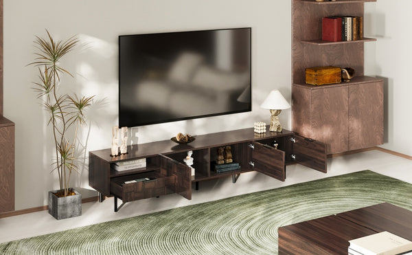 English Elm 78 Mid Century Modern TV Stand for 65–85" TVs with 3 Soft-Close Cabinets, Deep Drawer & Open Shelf (Walnut) N710P293264Q