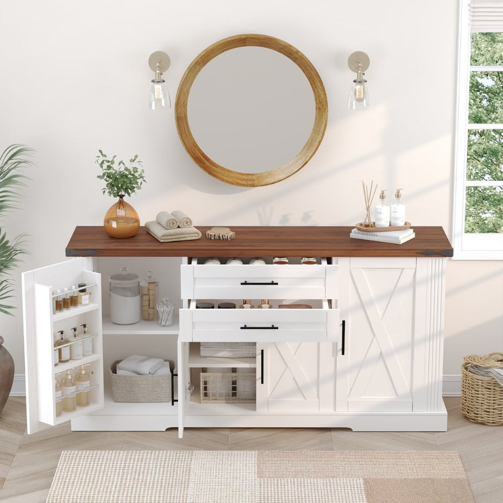 English Elm 63" Fluted Mdf Sideboard with Wood Tone Top Four Doors Three Drawers Dining Storage White W2917S00013