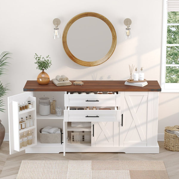 English Elm 63" Fluted Mdf Sideboard with Wood Tone Top Four Doors Three Drawers Dining Storage White W2917S00013