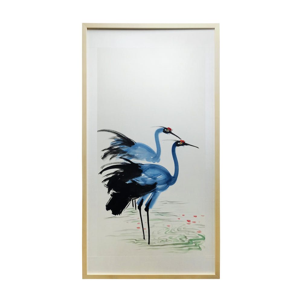 Lilys Color Ink Painting-Two Red Crowned Crane  Wooden Frame 34X65H(Facing Right) 3827-1