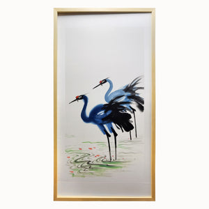 Lilys Color Ink Painting-Two Red Crowned Crane  Wooden Frame 34X65H(Facing Left) 3827-2