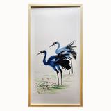 Color Ink Painting-Two Red Crowned Crane  Wooden Frame 34X65H(Facing Left)