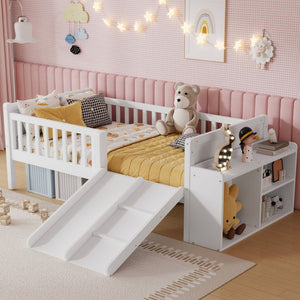 English Elm Twin Low Loft Kids Bed with Fun Slide Climbing Structure and Movable Bookshelf White W2593P437109
