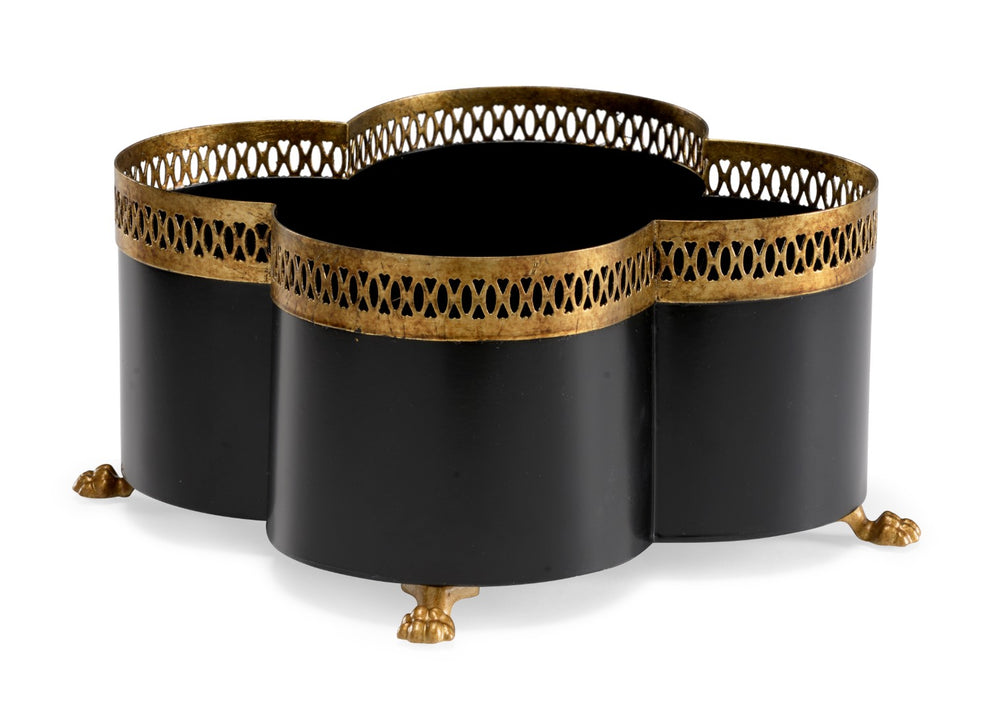 Chelsea House Tracery Black Quatrefoil Cachepot With Antique Gold Filigree & Claw Feet — Elegant 11" Centerpiece 382897