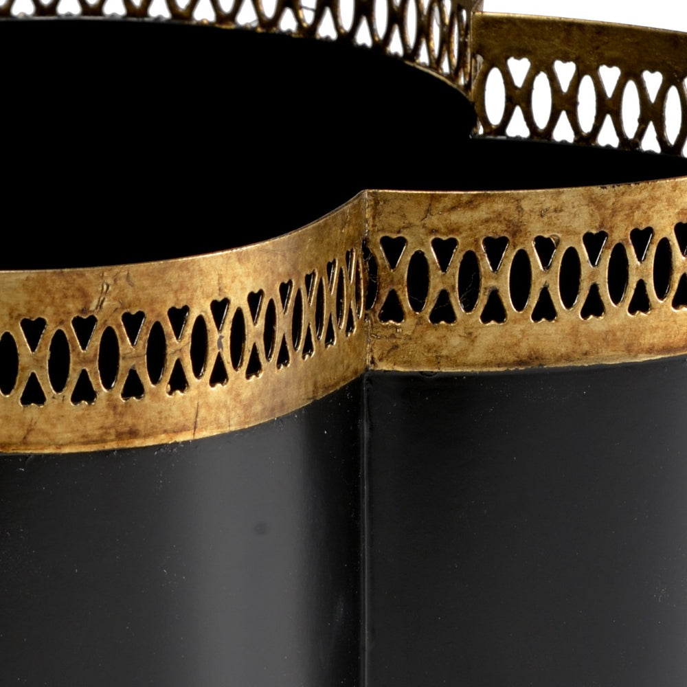 Chelsea House Tracery Black Quatrefoil Cachepot With Antique Gold Filigree & Claw Feet — Elegant 11" Centerpiece 382897