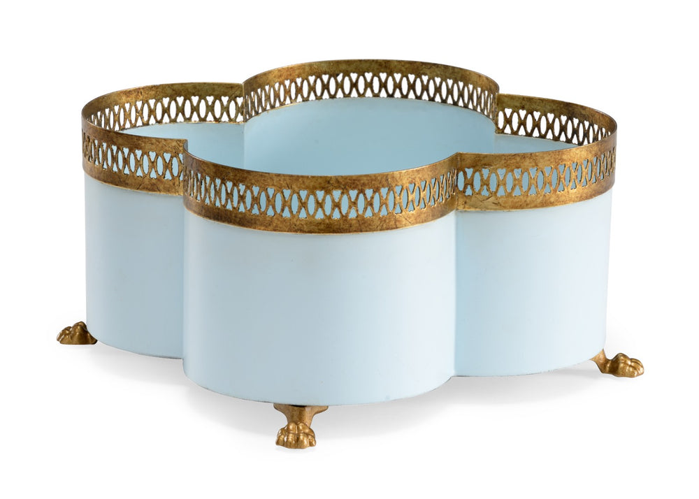 Chelsea House Tracery Cachepot Lagoon Small — Quatrefoil Porcelain Planter With Antique Gold Filigree & Claw Feet 382898