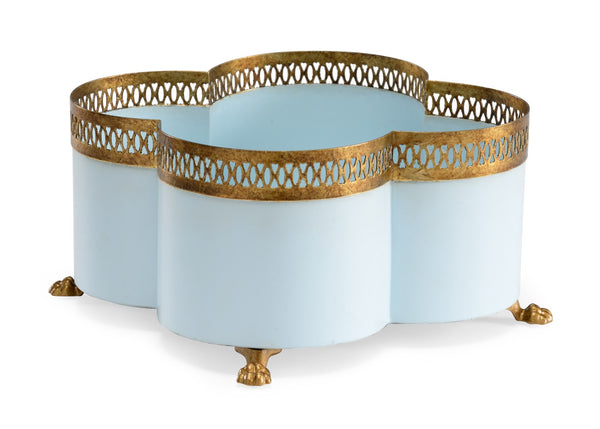 Chelsea House Tracery Cachepot Lagoon Small — Quatrefoil Porcelain Planter With Antique Gold Filigree & Claw Feet 382898