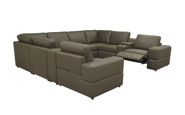 English Elm Premium Leather Match L-shaped Sectional with Dual Recliners and Built-in Console Olive Green B2748S00162