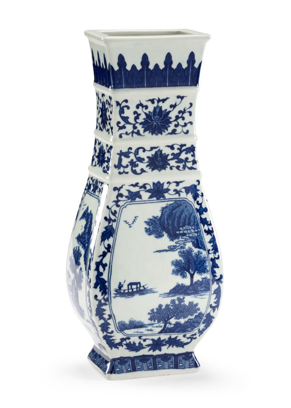 Chelsea House Londonderry Blue-And-White Chinoiserie Porcelain Vase 15" Hand-Painted Square Silhouette Centerpiece 382967
