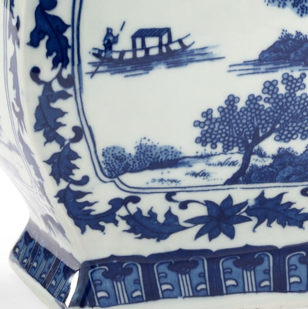Chelsea House Londonderry Blue-And-White Chinoiserie Porcelain Vase 15" Hand-Painted Square Silhouette Centerpiece 382967
