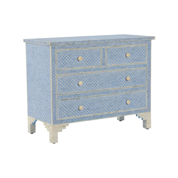 Chelsea House Milford Bone Inlay Chest With Blue-White Fish Scale Pattern, 4 Drawers, Coastal Artisan Statement 382998