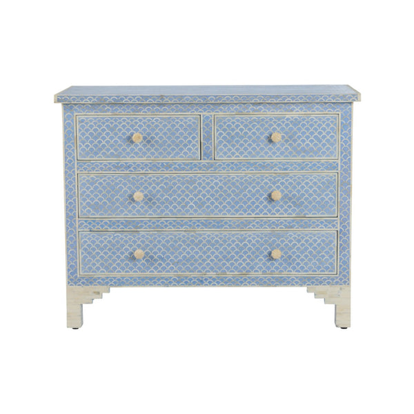 Chelsea House Milford Bone Inlay Chest With Blue-White Fish Scale Pattern, 4 Drawers, Coastal Artisan Statement 382998