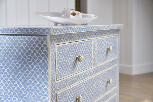 Chelsea House Milford Bone Inlay Chest With Blue-White Fish Scale Pattern, 4 Drawers, Coastal Artisan Statement 382998