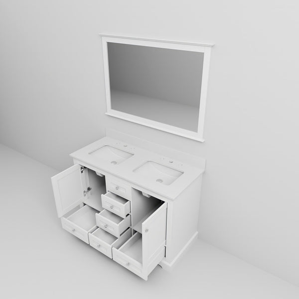 English Elm White Double Bath Vanity 48" W x 22" D with Cultured Marble Top, Soft-Close Drawers & 46" Mirror B2731S00728