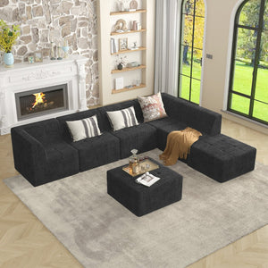 English Elm Ottoman Modular Sectional Sofa Terrycloth Upholstered Sleeper for Modern Living Spaces Black W487P230480