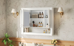 English Elm 35inch White Wall Mounted Medicine Cabinet Mirrored Doors Open Shelving Bathroom Storage N710P415335K