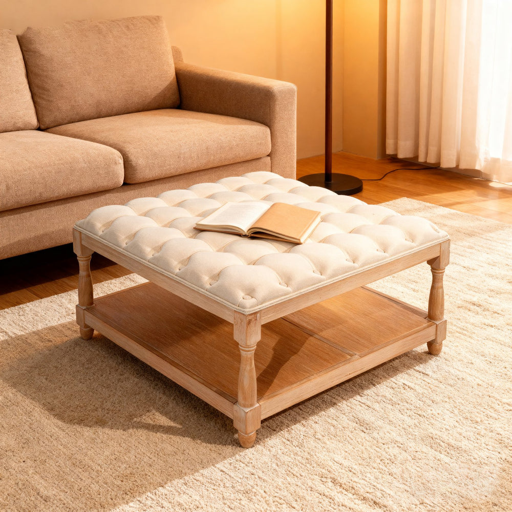 English Elm 33-inch Tufted Square Ottoman Coffee Table with Storage Shelf, Solid Wood Frame, Farmhouse Beige Elegance W3426P385593