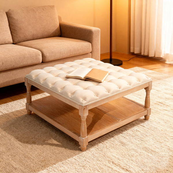 English Elm 33-inch Tufted Square Ottoman Coffee Table with Storage Shelf, Solid Wood Frame, Farmhouse Beige Elegance W3426P385593