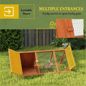 English Elm Stable Triangular Rabbit Hutch Fir Wood Frame with Wire Mesh Run for Small Animals T3971P481615